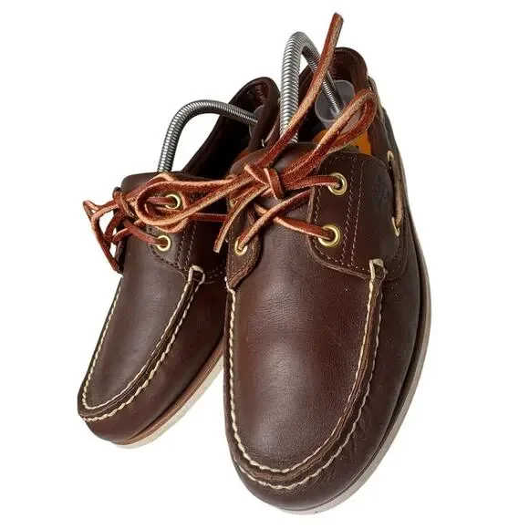 Vtg Timberland Brown Leather White Sole 2 Eye Boat Shoes 74035 Preppy Men Sz 9.5 - Picture 13 of 16